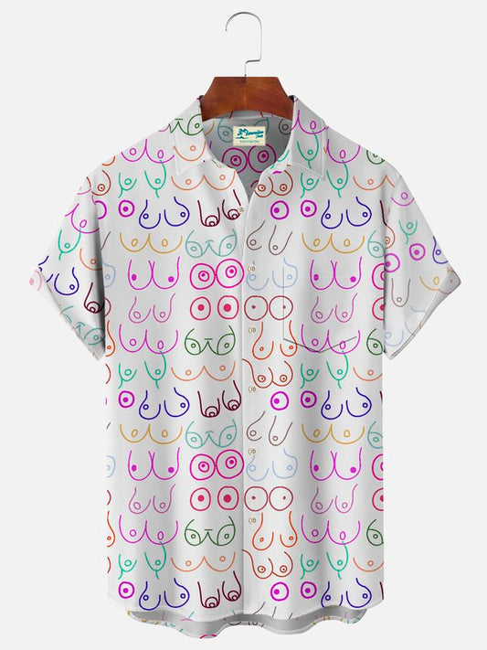 Fun Cartoon Colorful Men's Hawaiian Shirt Plus Size Stretch Aloha Camp Pocket Shirts