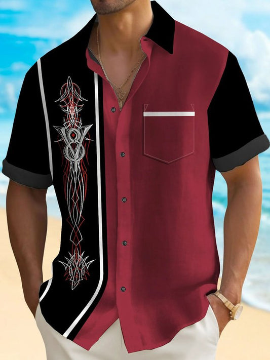 50's Retro Pinstripe Car Men's Bowling Shirt Cartoon Art Stretch Pocket Camp Shirt Big Tall