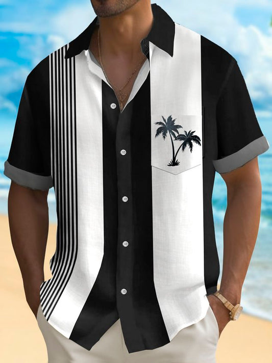 Vintage Coconut Bowling Print Men's Button Pocket Short Sleeve Shirt