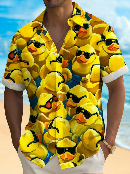 Vintage Yellow Duck Print Chest Pocket Shirt Plus Size Men's Shirt