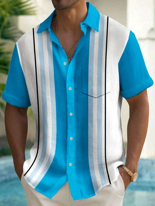 Vintage Bowling Stripe Print Chest Pocket Shirt Plus Size Men's Shirt Big Tall