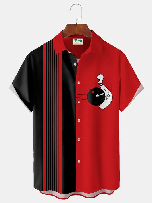 Vintage Bowling Cartoon Print Chest Pocket Shirt Big Tall
