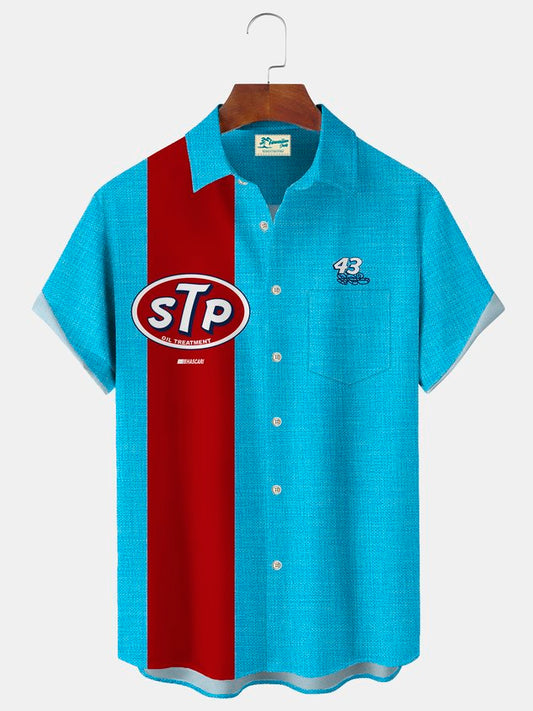 Vintage Bowling Motor Oil Motorcycles Print Men's Chest Pocket Stretch Shirt Big Tall