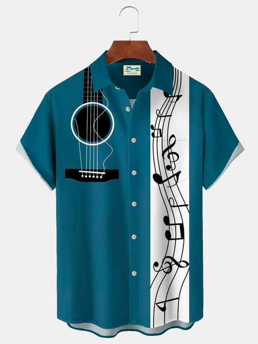 Vintage Bowling Music Guitar Note Print Men's Chest Pocket Stretch Shirt Big Tall