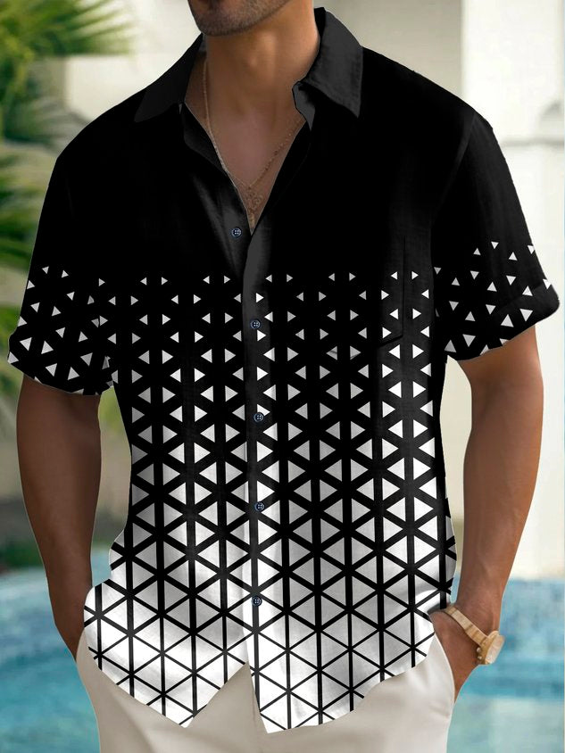 Vintage Geometric Gradient Print Men's Chest Pocket Stretch Hawaiian Shirt Big Tall