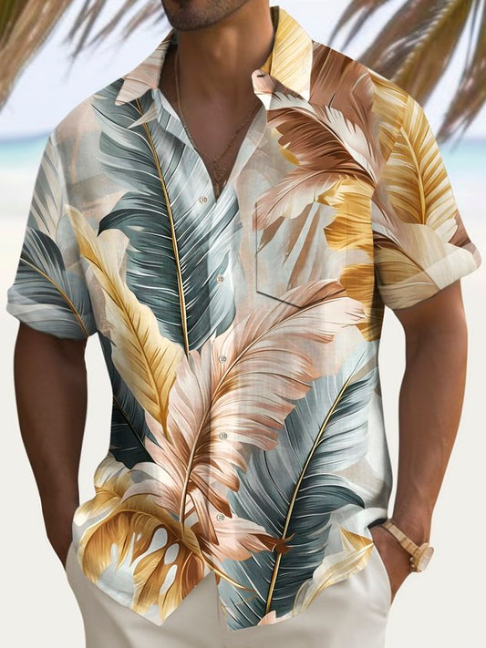 Beach Resort Men's Hawaiian Shirt Plant Leaves Print Pocket Short Sleeve Shirt Big Tall