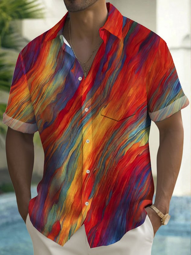 Vintage Pride Month Rainbow Gradient Art Print Men's Button Pocket Hawaiian Short Sleeve Shirt Big Tall