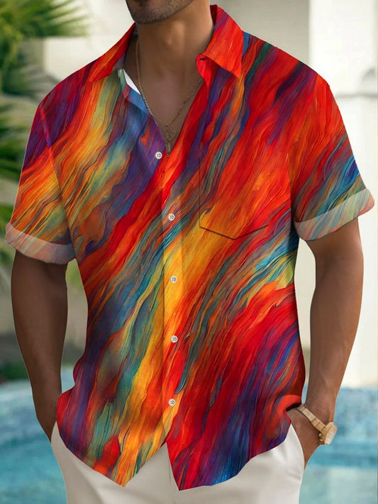 Vintage Pride Month Rainbow Gradient Art Print Men's Button Pocket Hawaiian Short Sleeve Shirt Big Tall