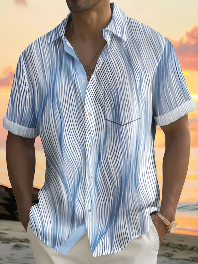 Vintage Stripe Print Men's Button Pocket Hawaiian Short Sleeve Shirt Big Tall