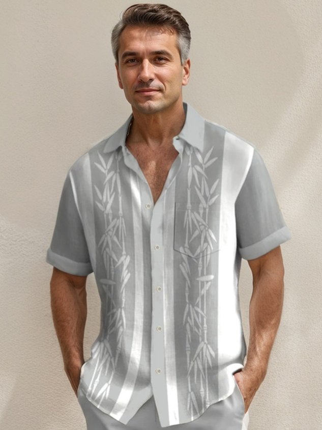 Pocket Vintage Bowling Plant Bamboo Print Beach Men's Hawaiian Big And Tall Shirt
