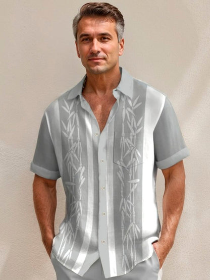 Pocket Vintage Bowling Plant Bamboo Print Beach Men's Hawaiian Big And Tall Shirt