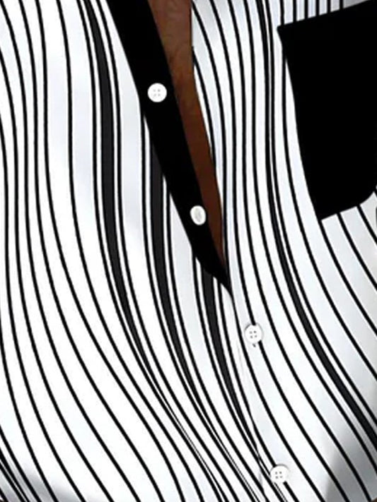 Retro Geometric Stripe Curve Print Men's Button Pocket Short Sleeve Shirt Big & Tall