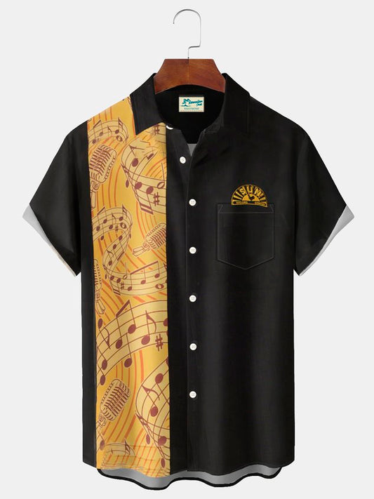 Retro Music Bowling Notes Print Men's Button Pocket Short Sleeve Shirt Big & Tall