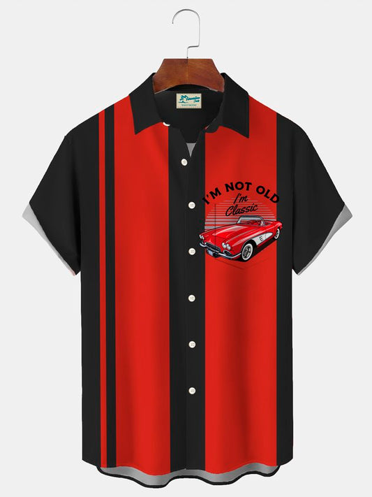 Retro Bowling Car 3D Digital Print Men's Button Pocket Short Sleeve Shirt Big & Tall