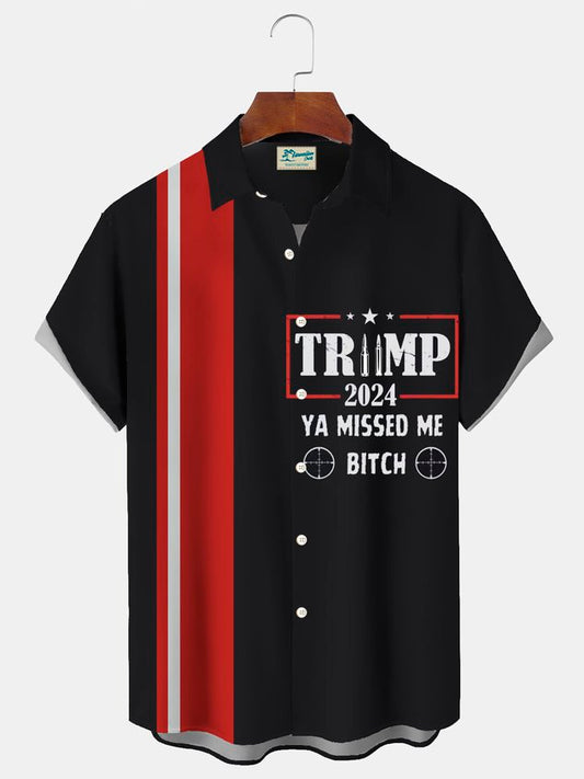 Retro Bowling Letters Fun 3D Digital Print Men's Button Pocket Short Sleeve Shirt