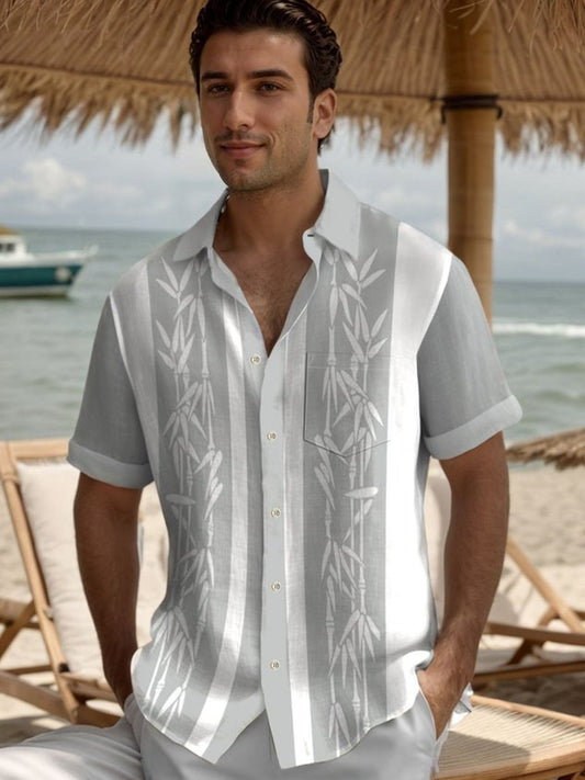 Pocket Vintage Bowling Plant Bamboo Print Beach Men's Hawaiian Big And Tall Shirt