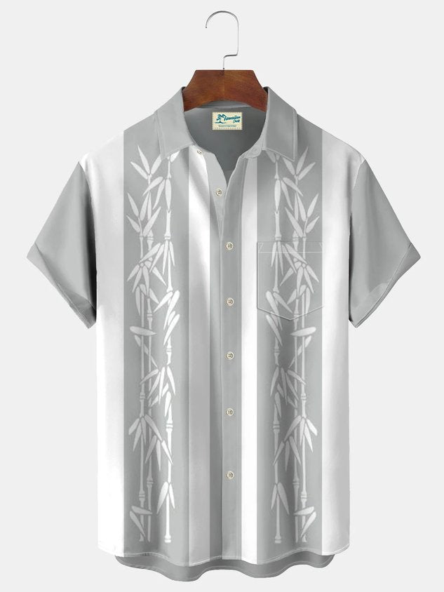 Pocket Vintage Bowling Plant Bamboo Print Beach Men's Hawaiian Big And Tall Shirt