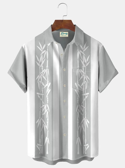 Pocket Vintage Bowling Plant Bamboo Print Beach Men's Hawaiian Big And Tall Shirt