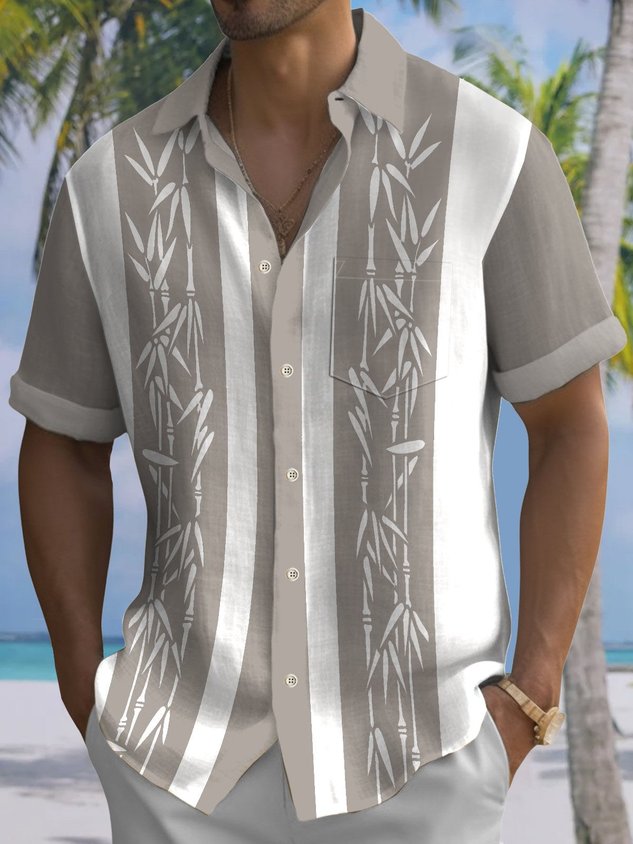 Pocket Vintage Bowling Plant Bamboo Print Beach Men's Hawaiian Big And Tall Shirt