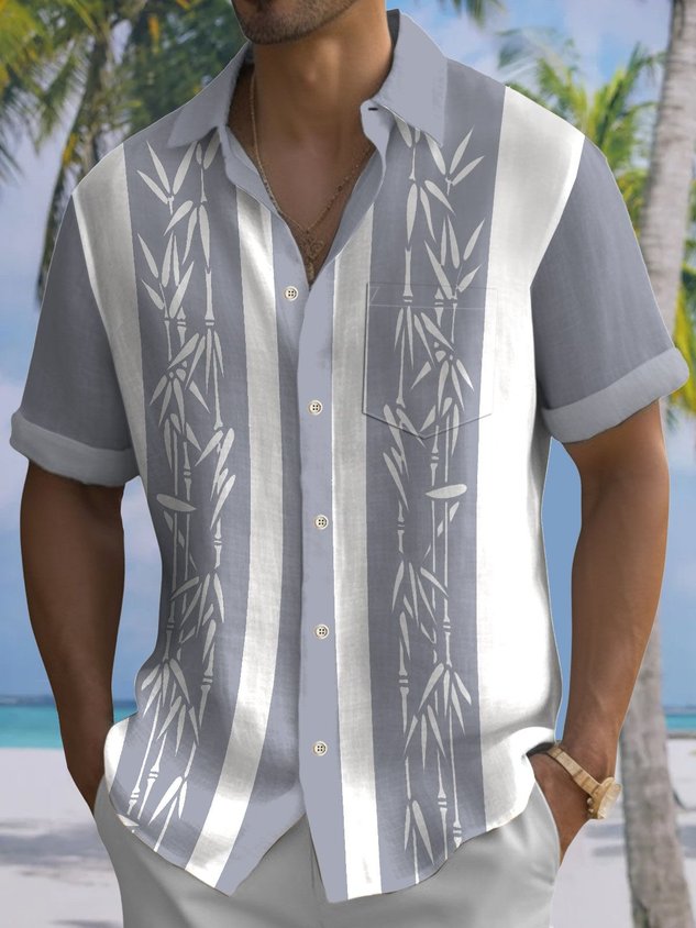 Pocket Vintage Bowling Plant Bamboo Print Beach Men's Hawaiian Big And Tall Shirt