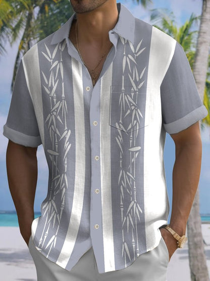 Pocket Vintage Bowling Plant Bamboo Print Beach Men's Hawaiian Big And Tall Shirt