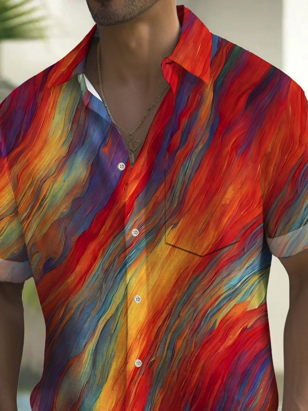 Vintage Pride Month Rainbow Gradient Art Print Men's Button Pocket Hawaiian Short Sleeve Shirt Big Tall