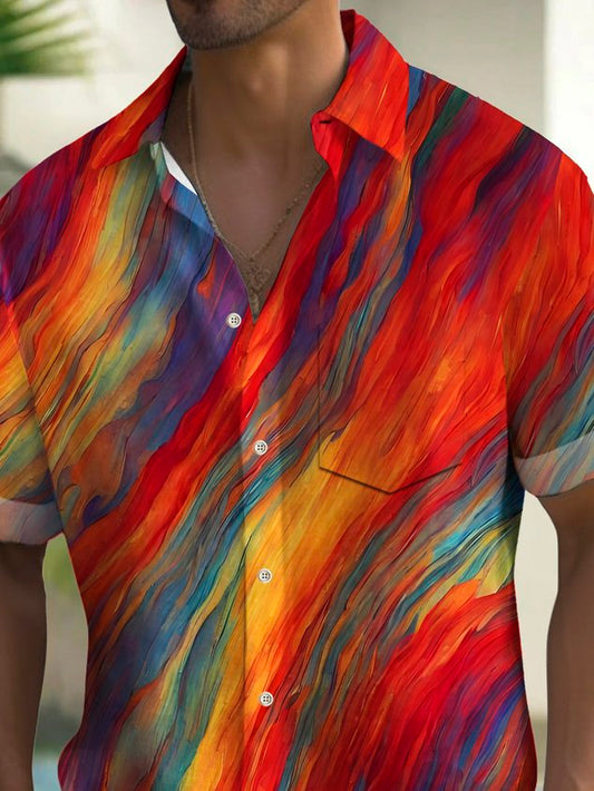 Vintage Pride Month Rainbow Gradient Art Print Men's Button Pocket Hawaiian Short Sleeve Shirt Big Tall