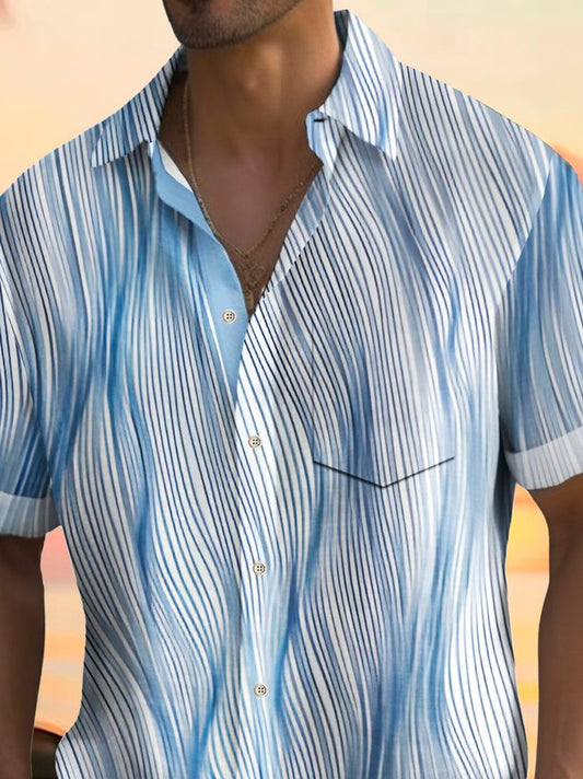 Vintage Stripe Print Men's Button Pocket Hawaiian Short Sleeve Shirt Big Tall