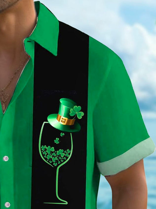 St. Patrick's Day Shamrock Print Men's Button Pocket Short Sleeve Shirt Big & Tall