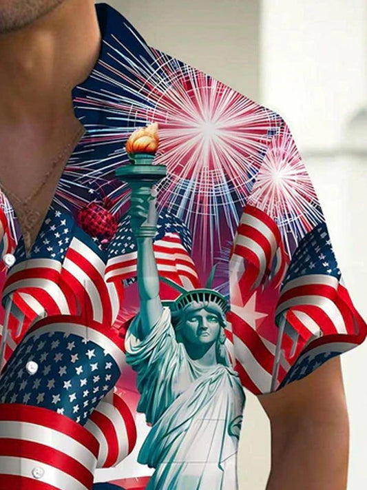 Vintage American Flag Gradient Art Print Men's Button Pocket Short Sleeve Shirt Big & Tall