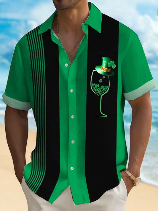 St. Patrick's Day Shamrock Print Men's Button Pocket Short Sleeve Shirt Big & Tall