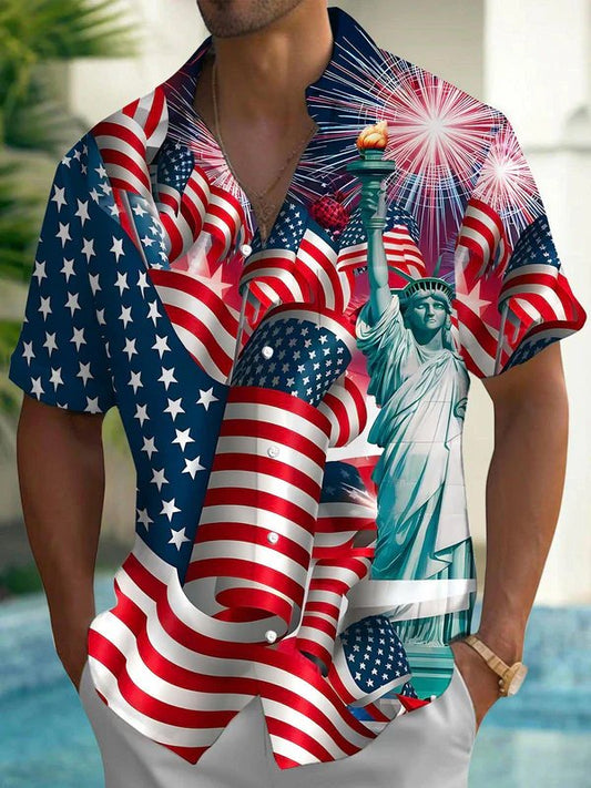 Vintage American Flag Gradient Art Print Men's Button Pocket Short Sleeve Shirt Big & Tall