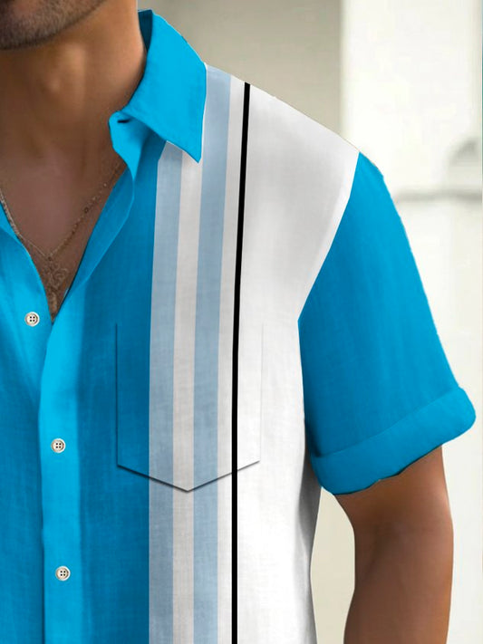 Vintage Bowling Stripe Print Chest Pocket Shirt Plus Size Men's Shirt Big Tall