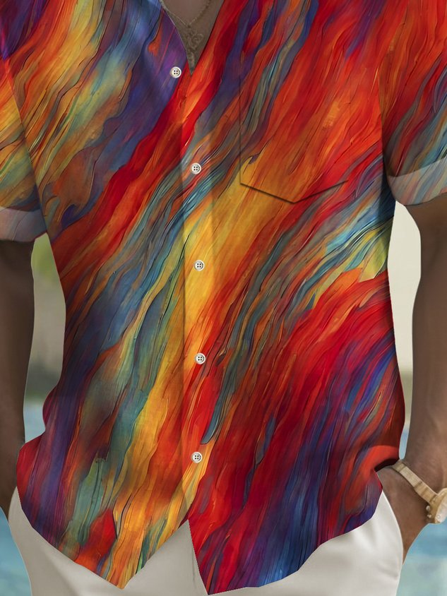 Vintage Pride Month Rainbow Gradient Art Print Men's Button Pocket Hawaiian Short Sleeve Shirt Big Tall