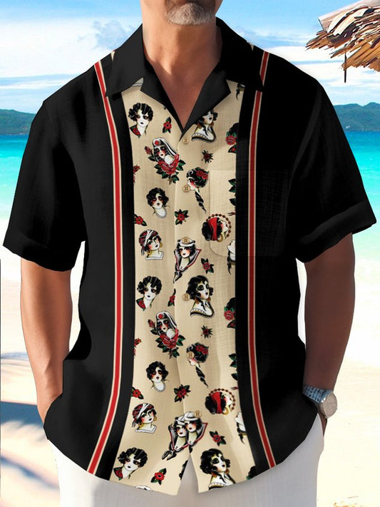 Vintage Bowling Gypsy Tattoo Designs Printed Chest Pocket Shirt Large Size Men's Shirt