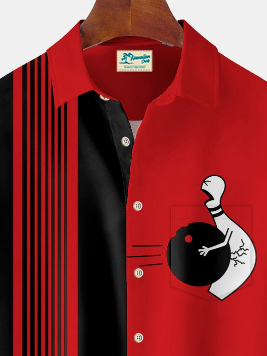 Vintage Bowling Cartoon Print Chest Pocket Shirt Big Tall