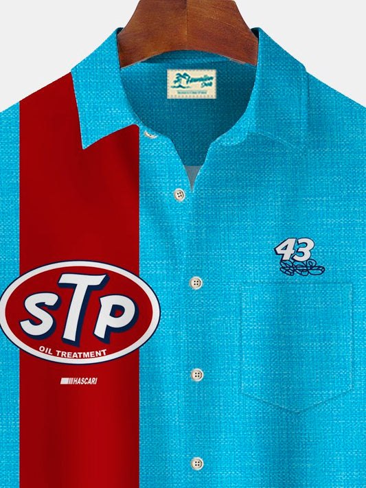 Vintage Bowling Motor Oil Motorcycles Print Men's Chest Pocket Stretch Shirt Big Tall