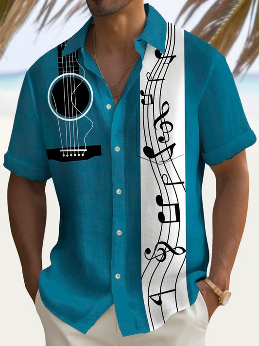 Vintage Bowling Music Guitar Note Print Men's Chest Pocket Stretch Shirt Big Tall