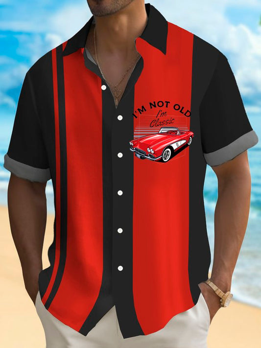 Retro Bowling Car 3D Digital Print Men's Button Pocket Short Sleeve Shirt Big & Tall