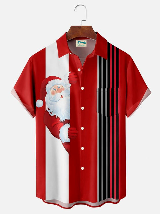 Christmas Santa Hat Retro Bowling 3D Digital Print Men's Button Pocket Short Sleeve Shirt Big & Tall