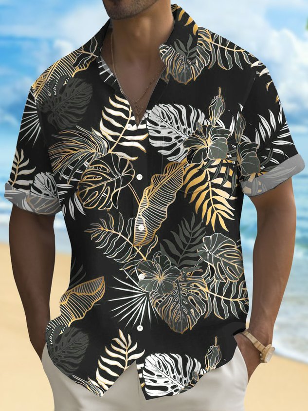 Hawaiian Plant Golden Leaves 3D Print Men's Button Pocket Short Sleeve Shirt