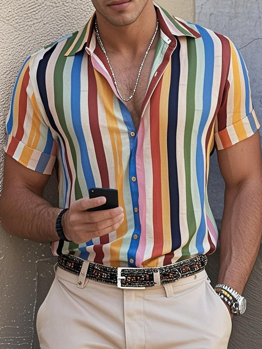 Vintage Pride Month Rainbow Stripe Print Men's Button Pocket Short Sleeve Shirt Big & Tall