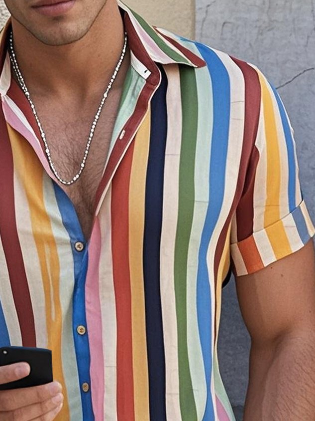 Vintage Pride Month Rainbow Stripe Print Men's Button Pocket Short Sleeve Shirt Big & Tall