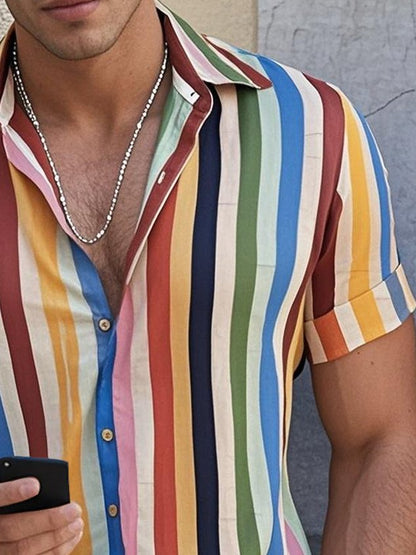 Vintage Pride Month Rainbow Stripe Print Men's Button Pocket Short Sleeve Shirt Big & Tall