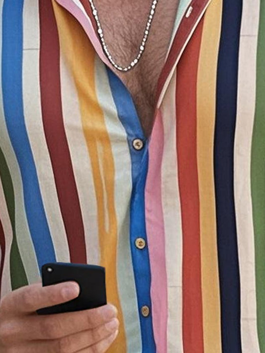 Vintage Pride Month Rainbow Stripe Print Men's Button Pocket Short Sleeve Shirt Big & Tall