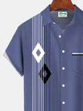 Vintage Bowling Geometric Stripe Print Men's Button Pocket Short Sleeve Shirt Big & Tall