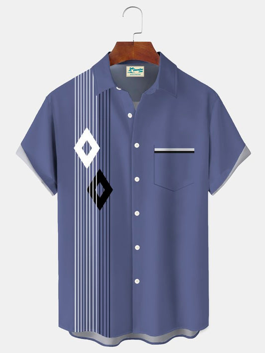 Vintage Bowling Geometric Stripe Print Men's Button Pocket Short Sleeve Shirt Big & Tall