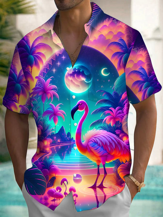 Flamingo Men's Button Pocket Short Sleeve Shirt