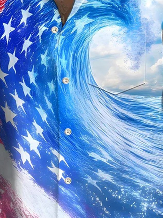 Hawaiian Flag Wave Print Men's Button Pocket Short Sleeve Shirt Big & Tall