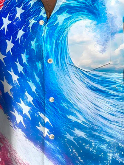 Hawaiian Flag Wave Print Men's Button Pocket Short Sleeve Shirt Big & Tall